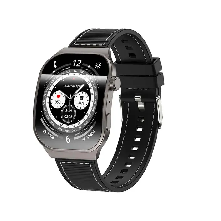 MYRYDER C49Pro smart watch, black case with a knurled dark crown and a black silicone strap with white contrast stitching — 45-degree view with the analogue SMARTWATCH dial showing 058 bpm, 1008 calories and 36800 steps