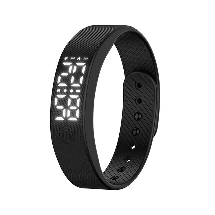 MYRYDER C4Plus black fitness band 45-degree right side view, slim silicone band with LED dot-matrix display showing the time