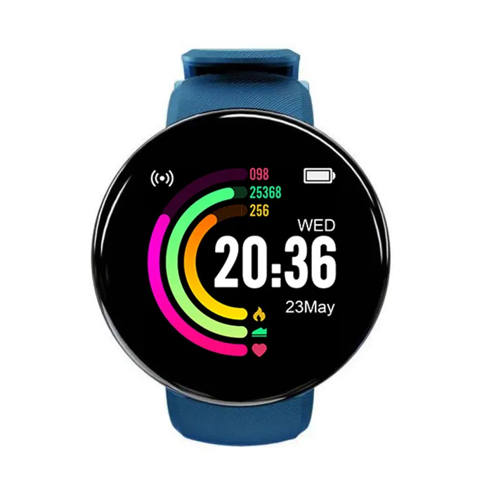 MYRYDER D18 smart bracelet, round blue case with a slim glossy bezel and a blue silicone strap — front view with the 20:36 activity-rings dial