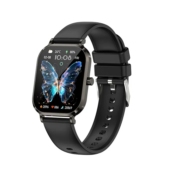 MYRYDER H15 smart watch, black titanium-finish case with a round crown button and a black silicone strap — 45-degree view with the luminous butterfly watch face showing 10:08, 24°C, 086 bpm and 20869 steps
