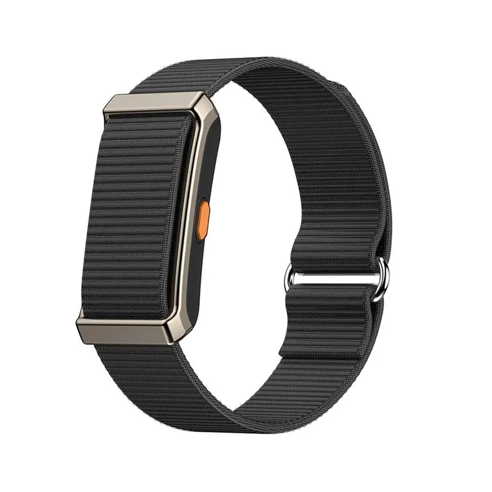 MYRYDER M12 screen-free fitness band, dark gunmetal alloy-framed case with an orange side button and a black woven nylon strap — three-quarter hero view with the band looped