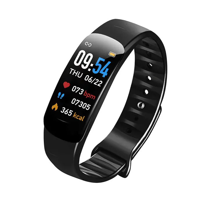 MYRYDER C1Plus smart bracelet black colour option, black fitness band with 0.96-inch colour screen showing time, heart rate, step count and calories