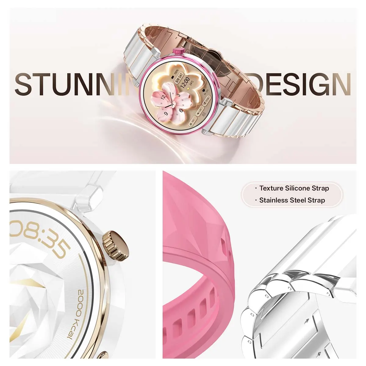 MYRYDER women's round smart watch in rose gold with a flower dial, shown with a golden crown, a textured pink silicone strap and a stainless steel link bracelet — design collage