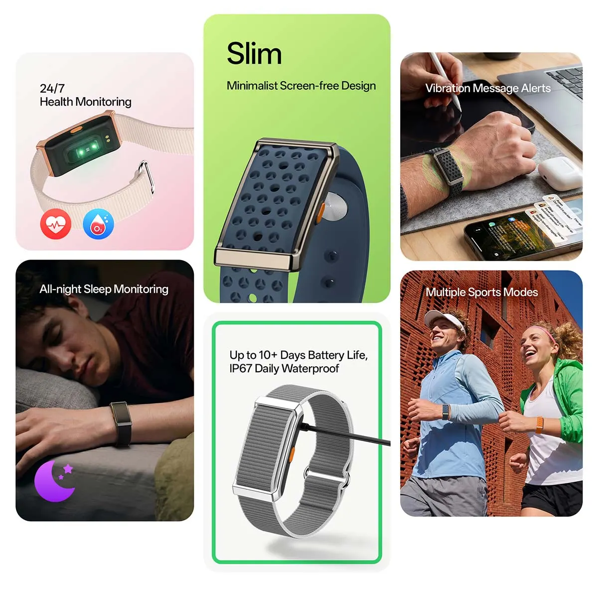 MYRYDER M12 smart watch collage showing sleep tracking, outdoor running, office wearing and slim lightweight design, wearable from Shenzhen manufacturer MYRYDER