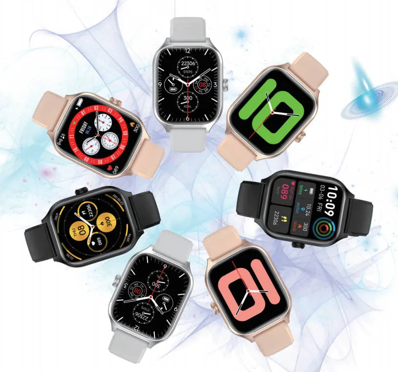 Collection of square-face everyday smartwatches showing different watch faces