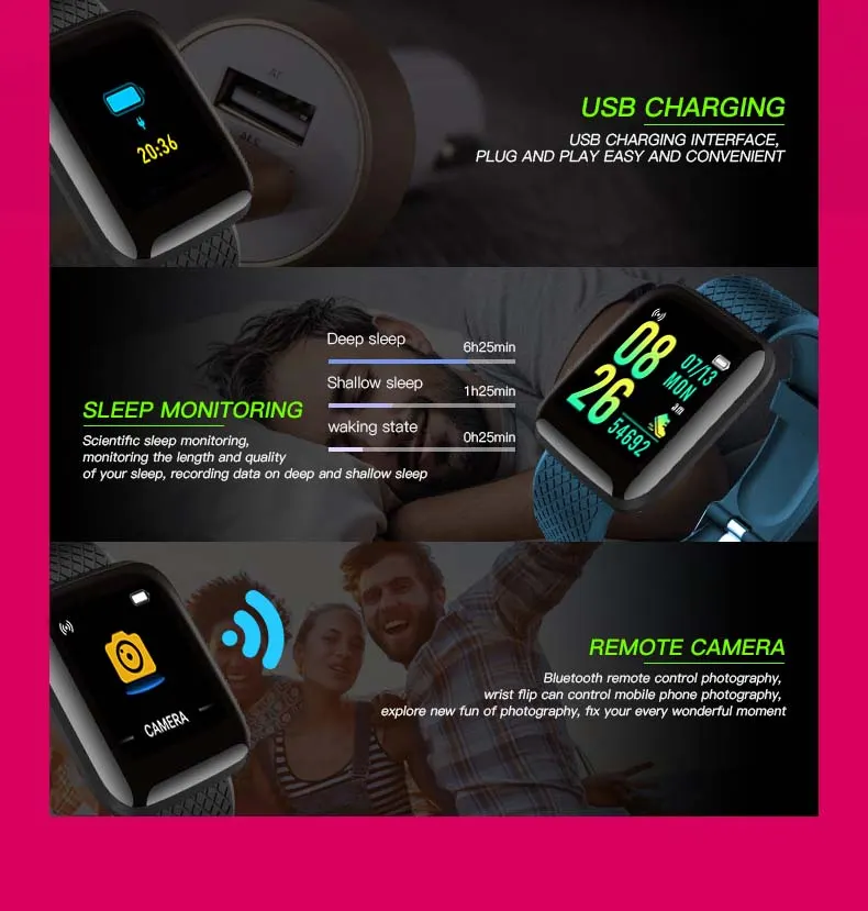MYRYDER 116Plus smart-bracelet infographic for USB direct charging, sleep monitoring and remote camera shutter functions
