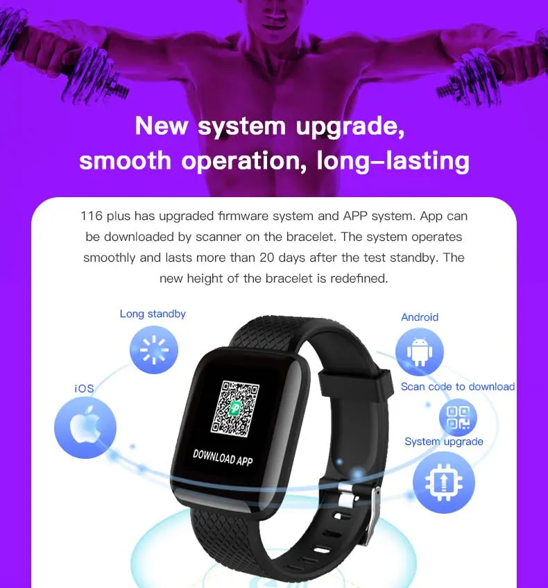 MYRYDER 116Plus smart-bracelet infographic for up-to-20-days long standby, iOS Android compatibility and automatic firmware upgrade