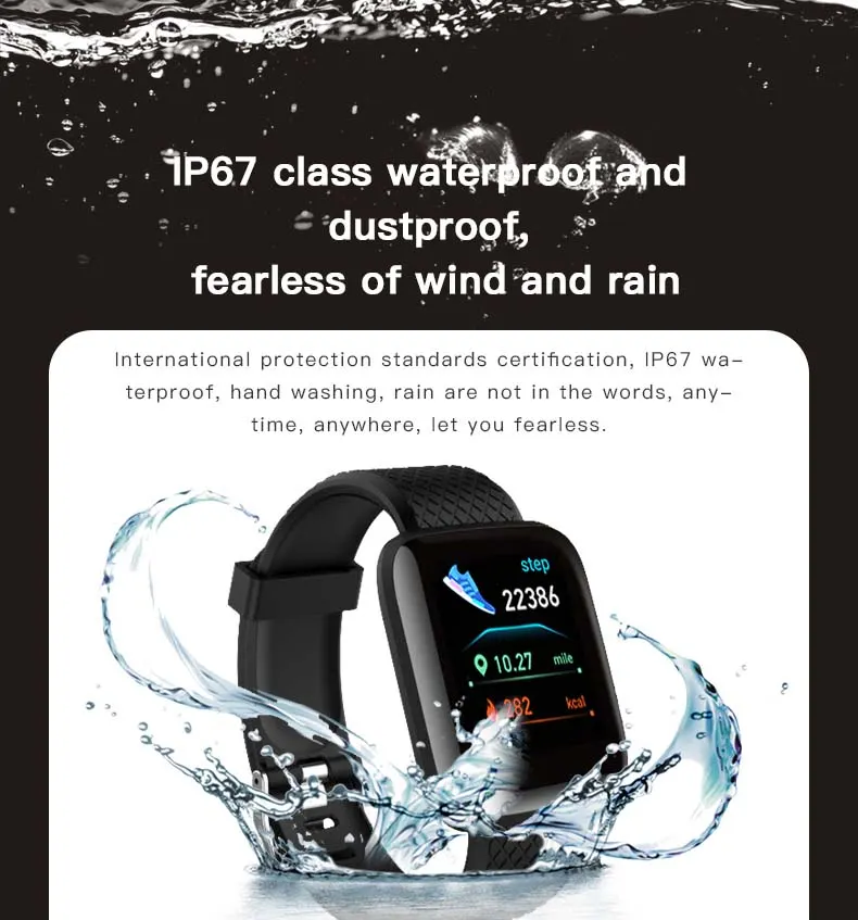 MYRYDER 116Plus smart-bracelet infographic introducing life-level splash-proof waterproof performance