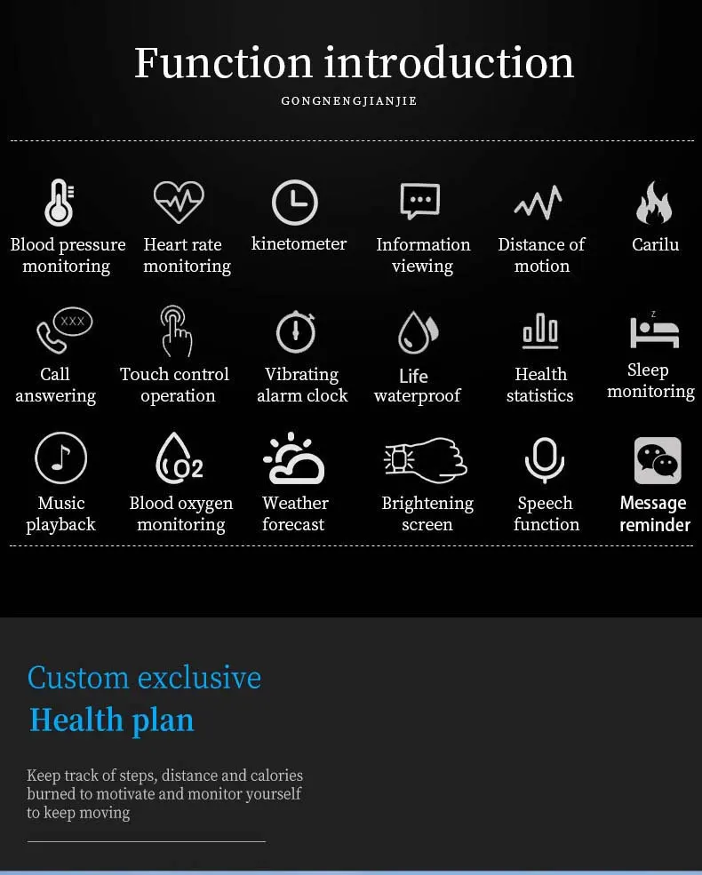 MYRYDER C900Ultra smart watch long-slice graphic — Function introduction icon list covering blood pressure, heart rate, kinetometer, information viewing, distance of motion, calories, call answering, life waterproof, health statistics, sleep, music, blood oxygen, weather, brightening screen, speech and message reminder