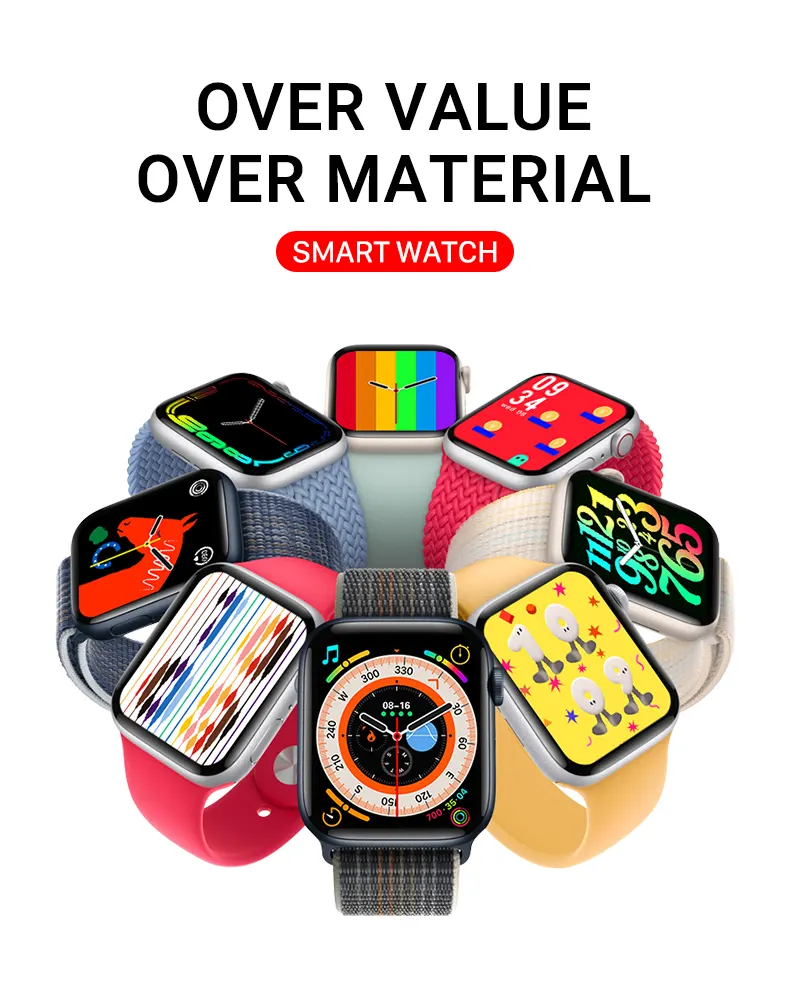 MYRYDER C900Pro smart watch long-slice cover graphic — eight watches in black, red, white, mint and orange straps arranged in a ring under the headline Over Value Over Material, Smart Watch
