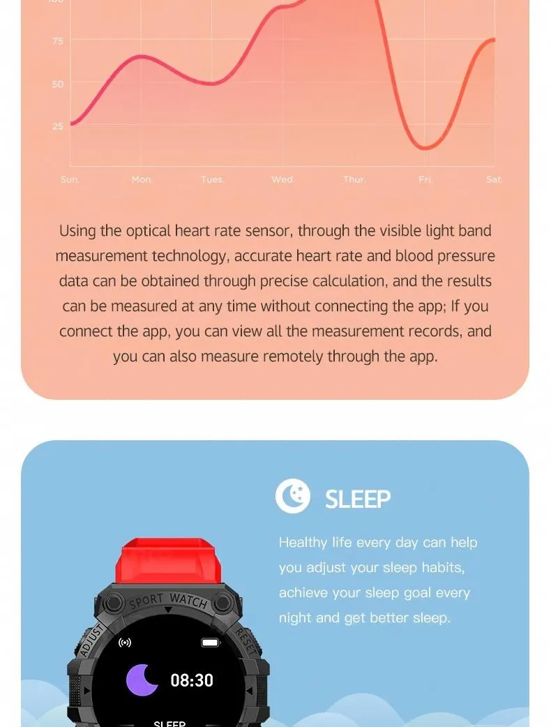 MYRYDER FD68S infographic introducing heart-rate tracking and sleep monitoring health functions
