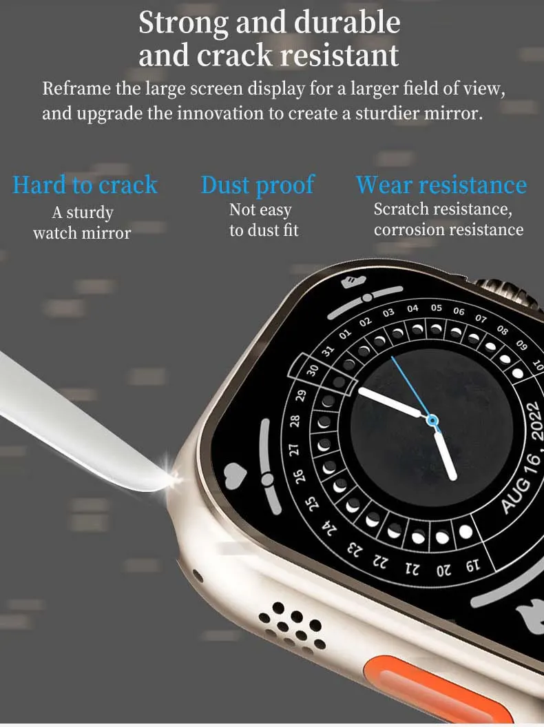 MYRYDER C900Ultra smart watch long-slice graphic — Strong and durable and crack resistant, with Hard to crack, Dust proof and Wear resistance columns and a scratch test on the bezel