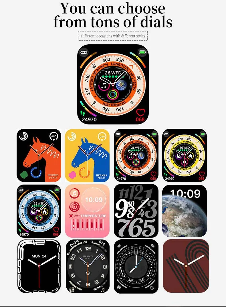 MYRYDER C900Ultra smart watch long-slice graphic — You can choose from tons of dials, a grid of 13 dial styles including Hermes horse, longitude and latitude, temperature, earth photo and moon-phase calendar faces