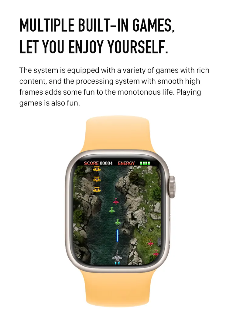 MYRYDER C900Pro smart watch long-slice graphic — Multiple Built-in Games, Let You Enjoy Yourself, with a vertical shooting game on screen showing SCORE 00004 and an energy bar