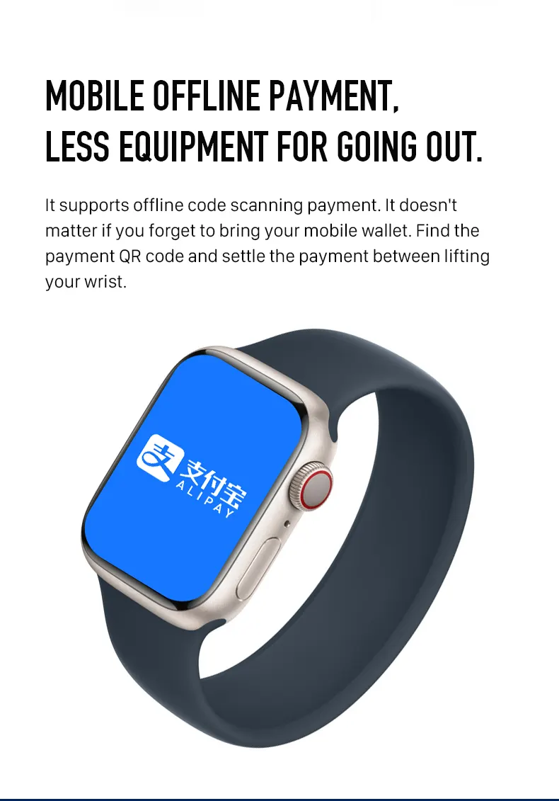 MYRYDER C900Pro smart watch long-slice graphic — Mobile Offline Payment, Less Equipment for Going Out, with an Alipay QR-code payment screen on a silver watch with a black silicone strap