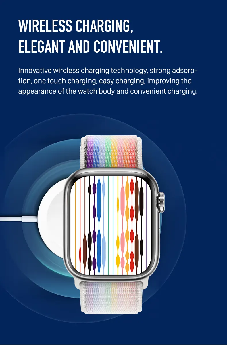 MYRYDER C900Pro smart watch long-slice graphic — Wireless Charging, Elegant and Convenient, showing a rainbow woven nylon loop watch resting on a magnetic charging puck