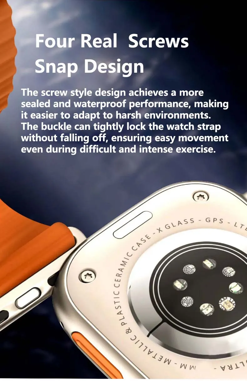 MYRYDER C900Ultra smart watch long-slice graphic — Four Real Screws Snap Design describing a sealed and waterproof case back, with a metallic and plastic ceramic case, X glass, GPS and LTE markings around the sensor ring