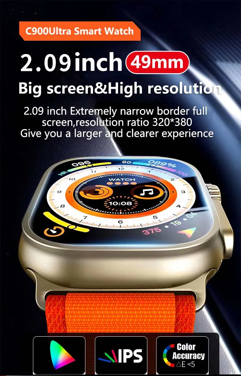 MYRYDER C900Ultra smart watch long-slice graphic — C900Ultra Smart Watch, 2.09 inch 49 mm big screen and high resolution, 320*380 resolution, with IPS and colour accuracy delta-E under 5 badges