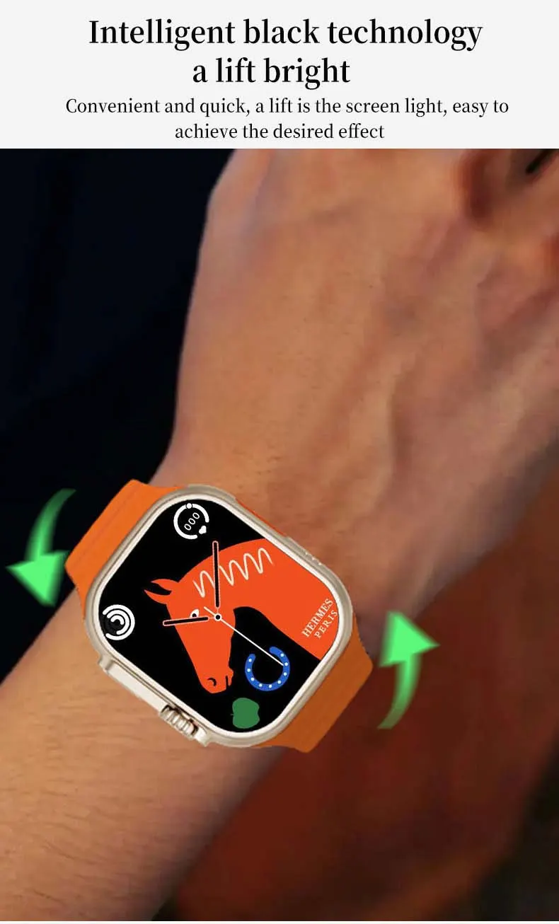 MYRYDER C900Ultra smart watch long-slice graphic — Intelligent black technology, a lift bright, showing the screen lighting up as the wrist is raised