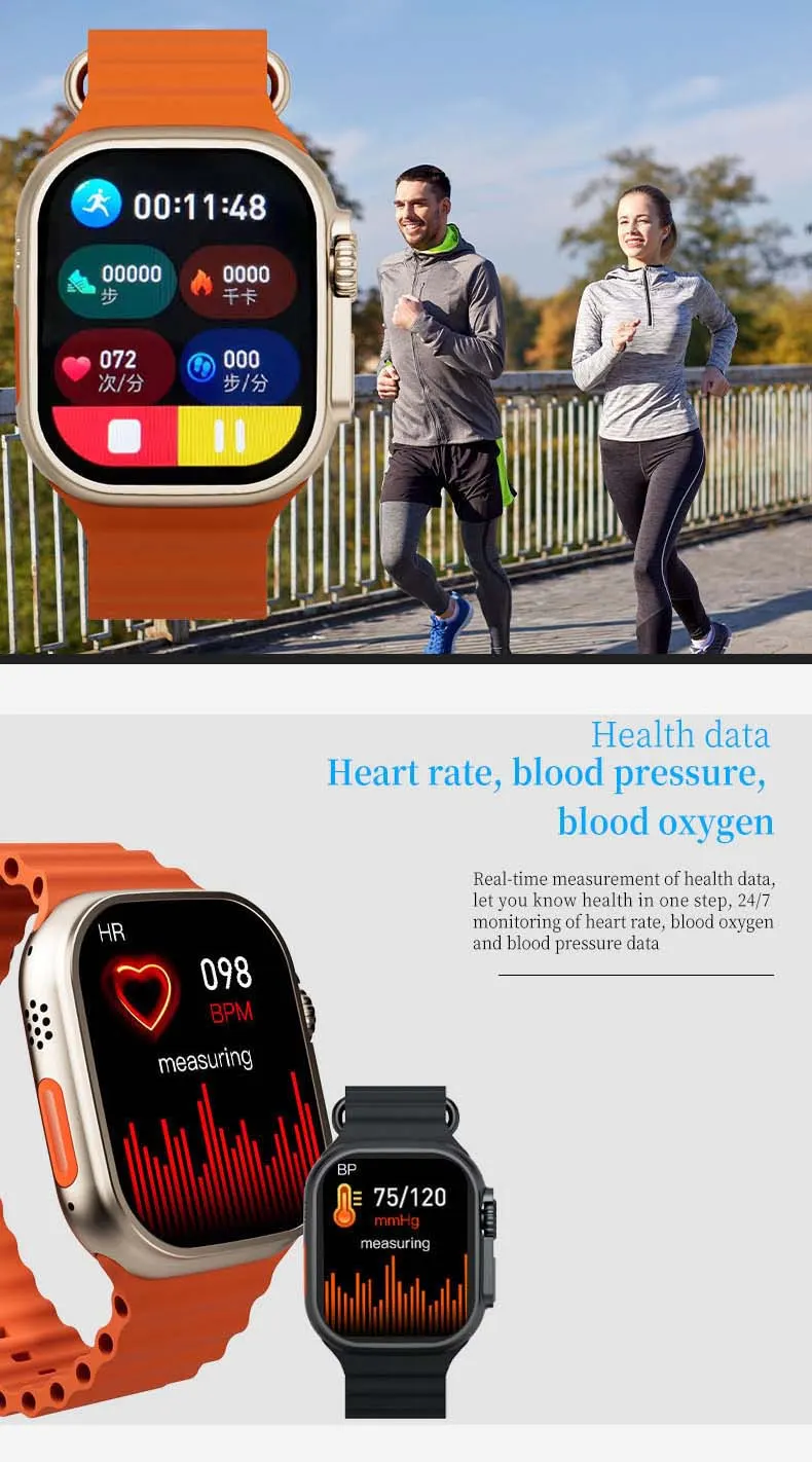 MYRYDER C900Ultra smart watch long-slice graphic — an outdoor running session at 00:11:48 with 072 steps per minute, above heart-rate 098 BPM and blood-pressure 75/120 mmHg real-time measurement screens