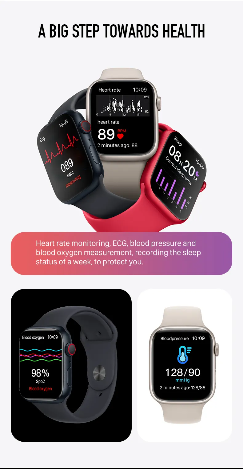 MYRYDER C900Pro smart watch long-slice health graphic — A Big Step Towards Health, with a heart-rate graph, an ECG screen reading 89 bpm, 08h20m sleep data, 98% SpO2 and 128/90 mmHg blood pressure