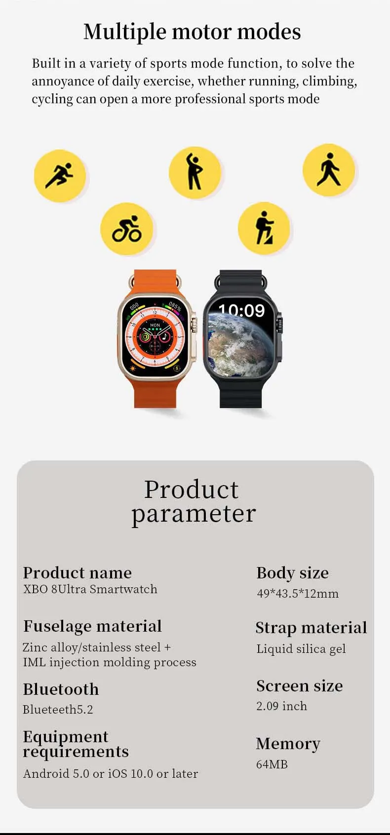 MYRYDER C900Ultra smart watch long-slice graphic — Multiple motor modes for running, climbing, cycling and yoga, above the Product parameter table listing XBO 8Ultra Smartwatch, 49*43.5*12mm, Bluetooth 5.2, 2.09 inch screen, 64MB memory and Android 5.0 / iOS 10.0 requirements
