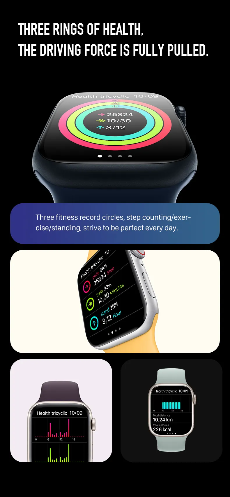 MYRYDER C900Pro smart watch long-slice graphic — Three Rings of Health with 25324 steps, 10/30 active minutes, 3/12 standing hours, 10.24 km and 226 kcal