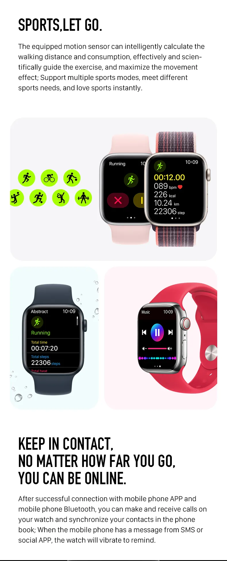 MYRYDER C900Pro smart watch long-slice graphic — Sports Let Go with a running screen at 00:12.00 and 089 bpm, plus Keep in Contact text about Bluetooth calls, phone-book contacts sync and SMS or social-app reminders