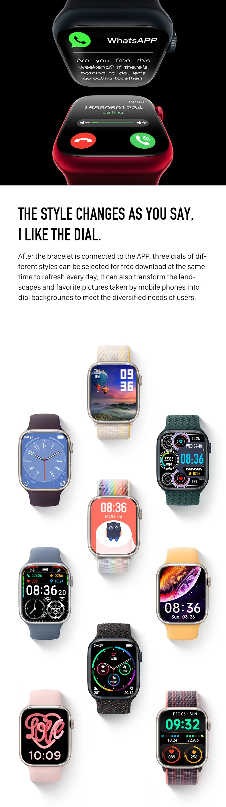 MYRYDER C900Pro smart watch long-slice graphic — WhatsApp message and incoming call 15889601234 screens, above The Style Changes As You Say, I Like The Dial and a grid of downloadable dial styles