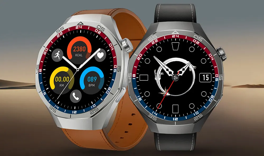 MYRYDER C15Pro lifestyle banner: brown and black leather-strap variants with analogue watch faces