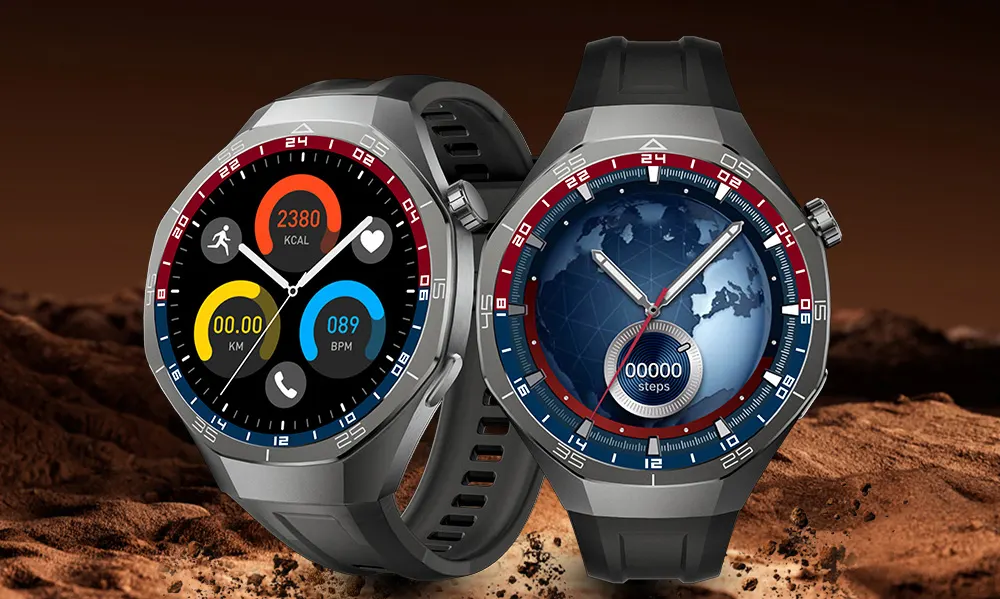 MYRYDER C15Pro lifestyle banner with two watches showing the sport dashboard and blue earth watch faces
