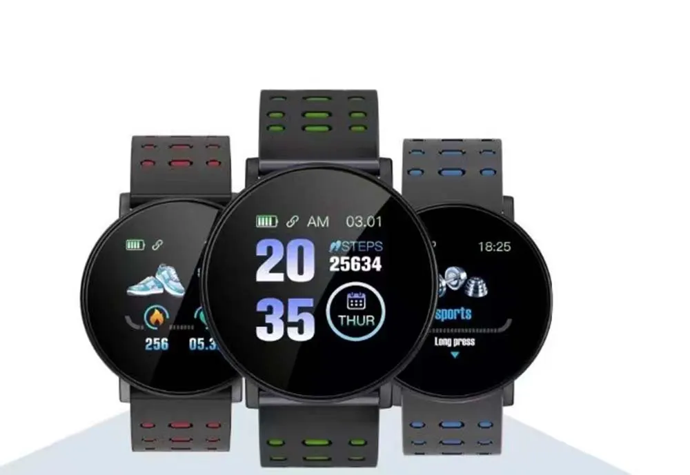 MYRYDER 119P infographic group display of red, green and blue strap colour variants for this round-dial smart watch