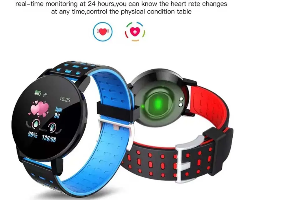 MYRYDER 119P infographic for all-day health tracking, 24-hour real-time heart-rate, blood-pressure and SpO2 measurement with a rear photoelectric sensor