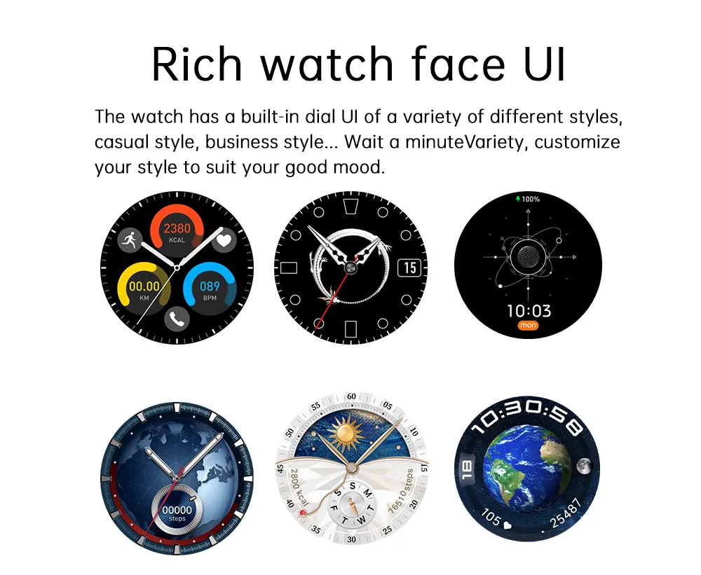 MYRYDER C15Pro rich watch face UI: sport, dragon, space, moon-phase and earth styles built into the dial store