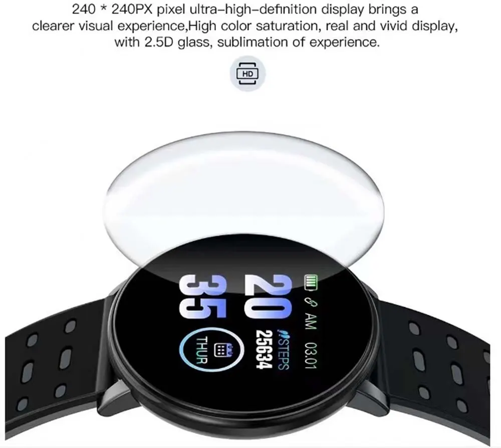MYRYDER 119P infographic for the 240 x 240 px ultra-high-definition display with high colour saturation and 2.5D glass, showing time, date and step count