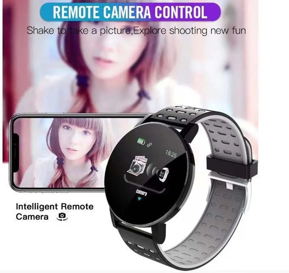 MYRYDER 119P infographic for remote camera control, shake the watch to take a picture on the paired smartphone