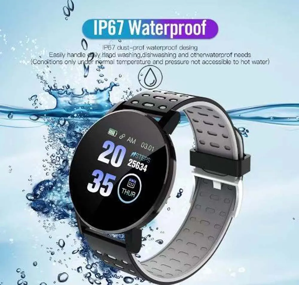 MYRYDER 119P infographic for IP67 dust-proof and waterproof design, daily hand-washing, dishwashing, splash and rain protection, with a note to avoid hot water, baths and saunas and that it is not for professional swimming