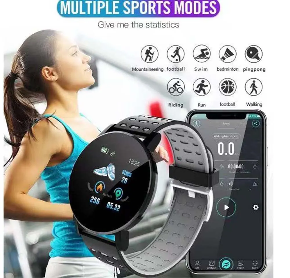 MYRYDER 119P infographic for multiple sports modes with detailed data statistics including mountaineering, football, swim, badminton, ping pong, riding, run, basketball and walking, syncing records to the mobile app