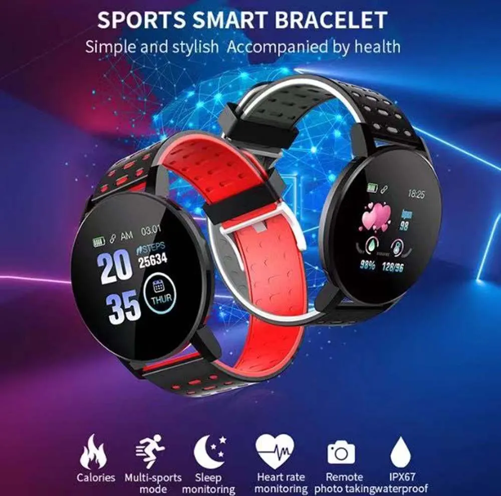 MYRYDER 119P infographic overview of the sports smart bracelet, calories, multi-sport mode, sleep and heart-rate monitoring and IP67 water resistance