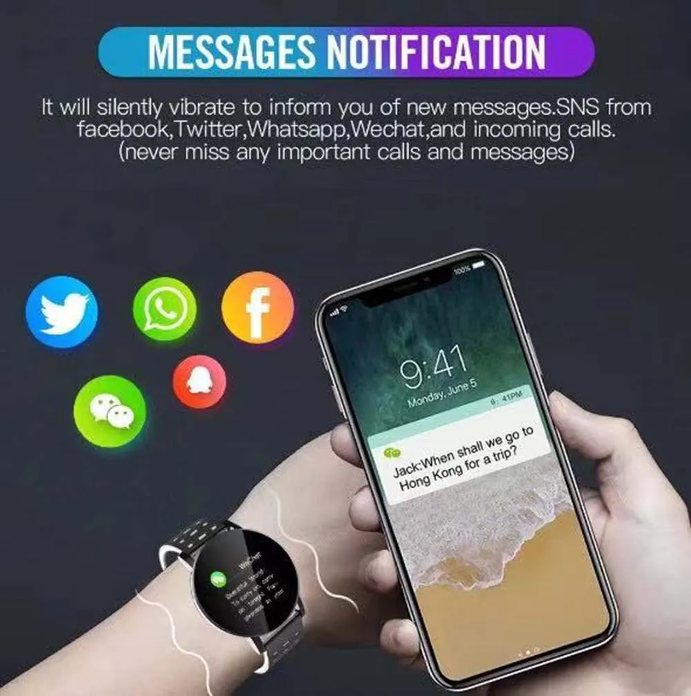MYRYDER 119P infographic for silent vibration message reminders supporting Facebook, Twitter, WhatsApp and WeChat notifications and incoming call alerts