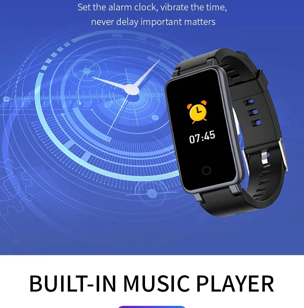 MYRYDER C2Plus smart-bracelet infographic for built-in local music player playback function