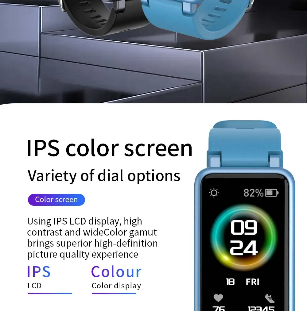 MYRYDER C2Plus smart-bracelet infographic introducing IPS color screen and multiple optional watch faces