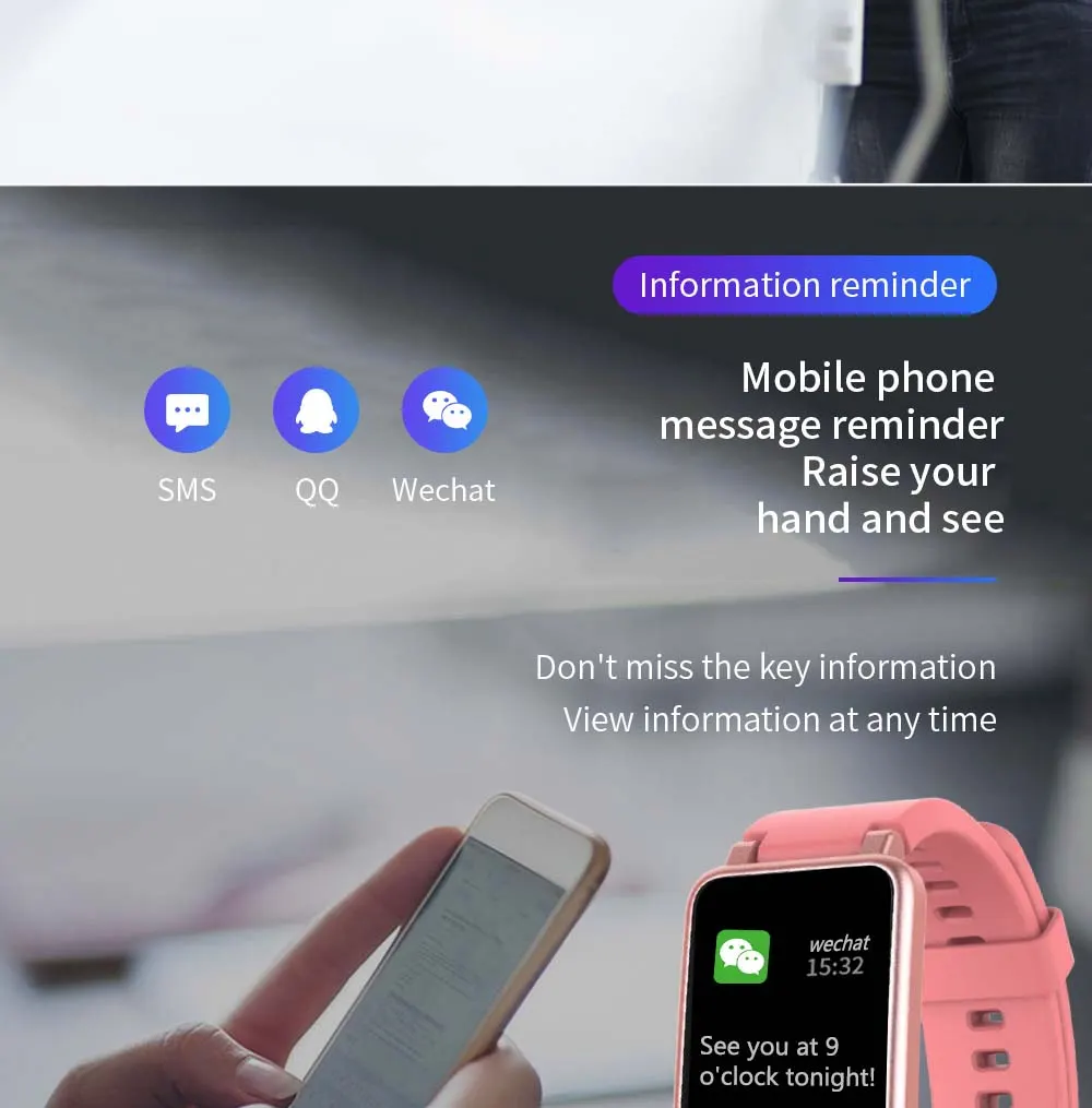 MYRYDER C2Plus smart-bracelet infographic for synchronizing incoming notifications from various chat software applications