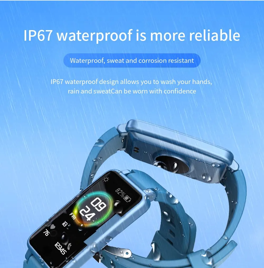 MYRYDER C2Plus smart-bracelet infographic for IP67 waterproof function, sweat-proof and corrosion-resistant performance