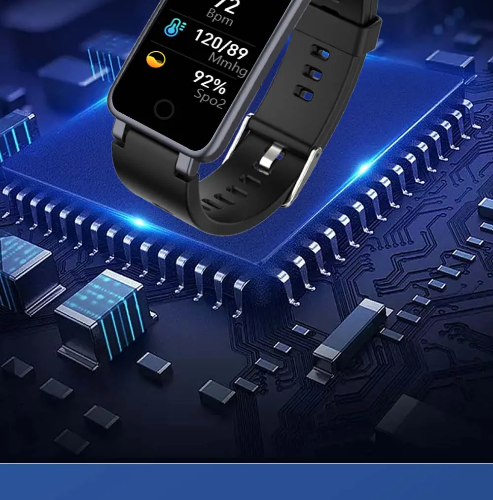 MYRYDER C2Plus smart-bracelet infographic showing internal main control chip hardware