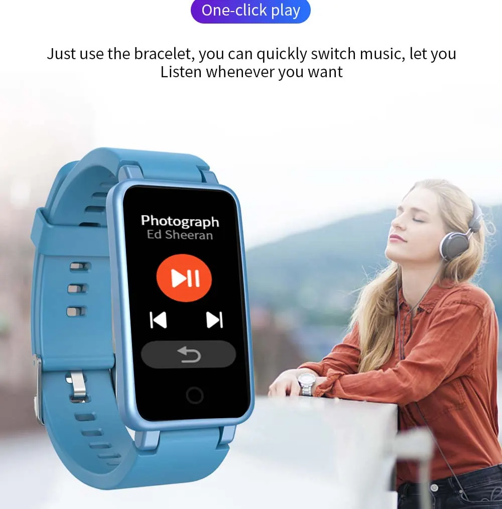 MYRYDER C2Plus smart-bracelet infographic demonstrating one-click play control function