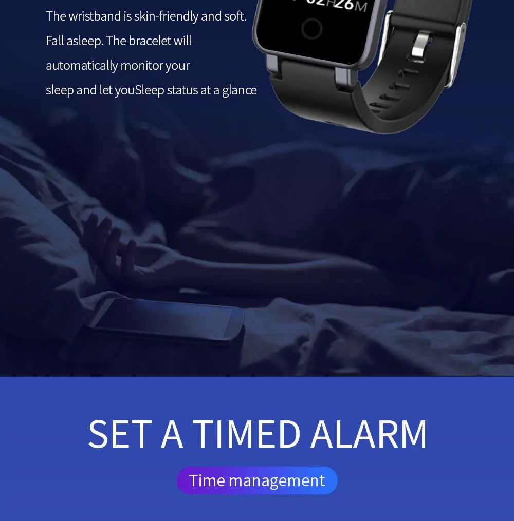 MYRYDER C2Plus smart-bracelet infographic introducing smart vibration alarm-clock reminder function