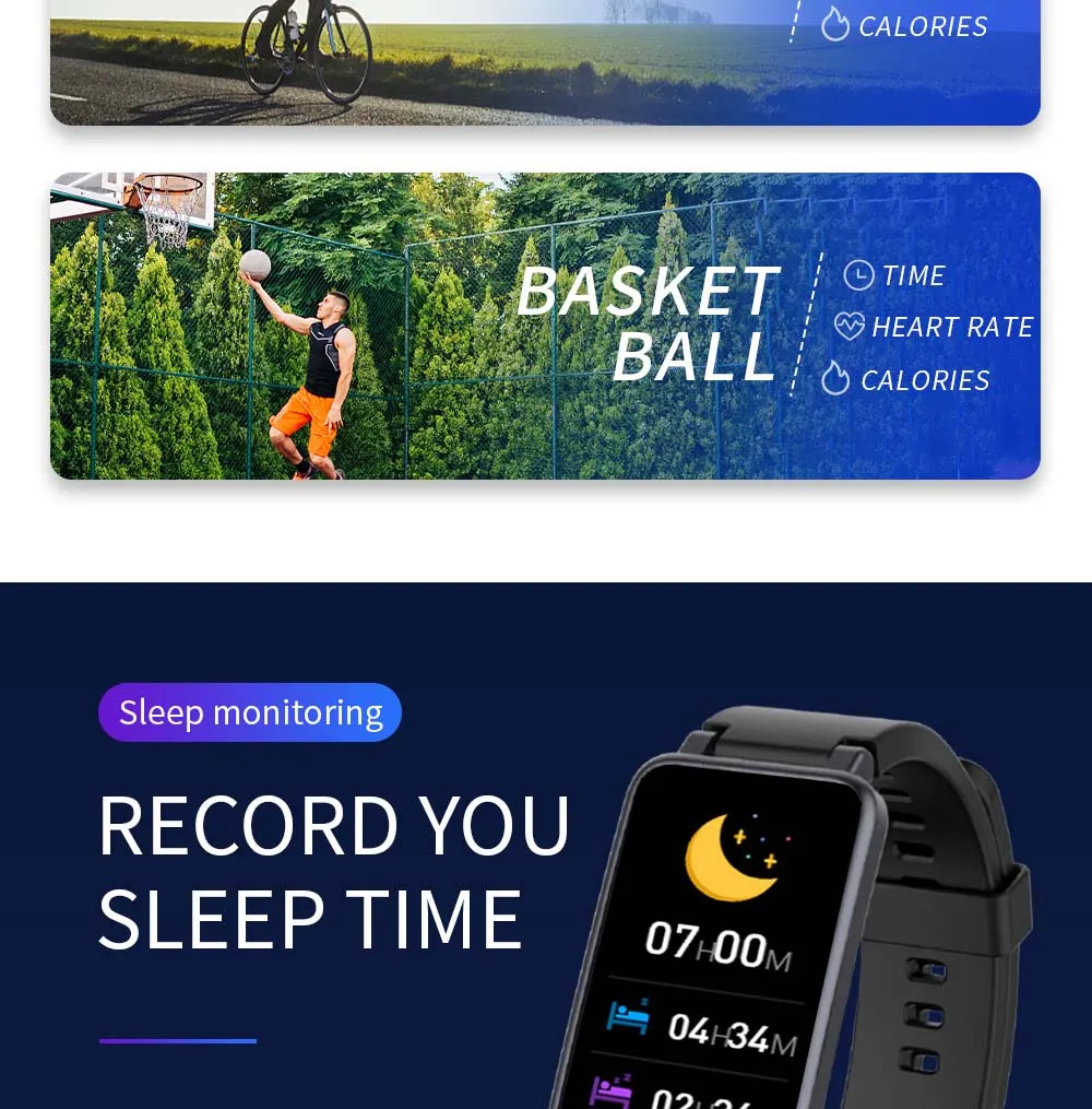 MYRYDER C2Plus smart-bracelet infographic for sports activity records and sleep-tracking monitoring function