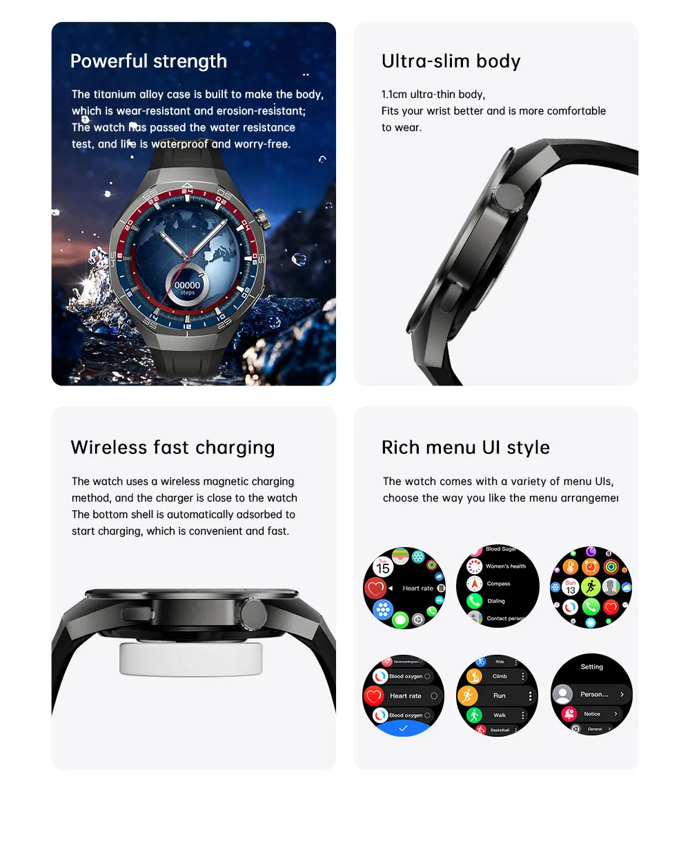 MYRYDER C15Pro build details: titanium alloy case, 1.1 cm ultra-slim body, wireless magnetic fast charging and rich menu UI styles