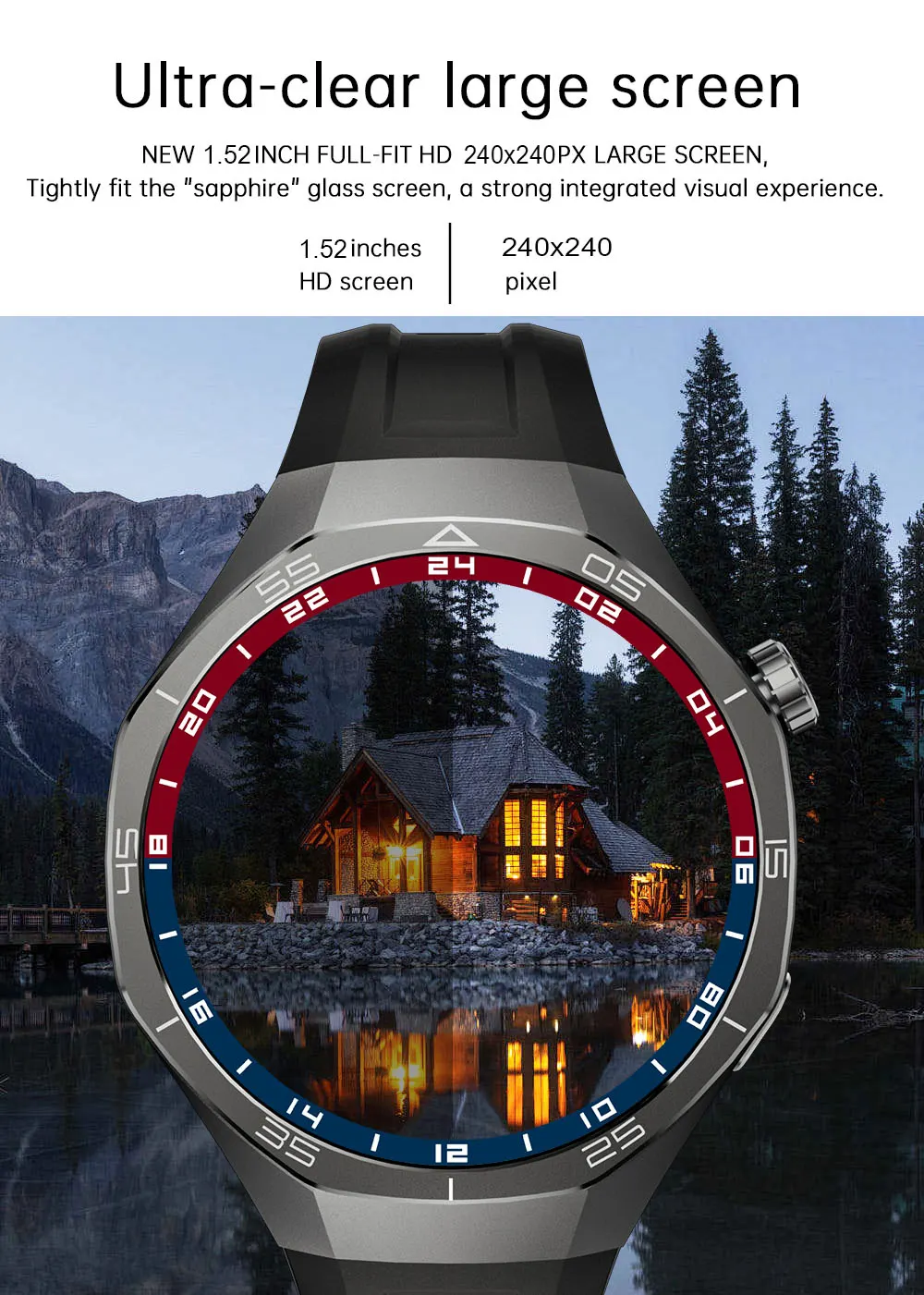 MYRYDER C15Pro 1.52-inch full-fit HD 240x240 display behind tightly fitted glass, showing a scenic photo wallpaper